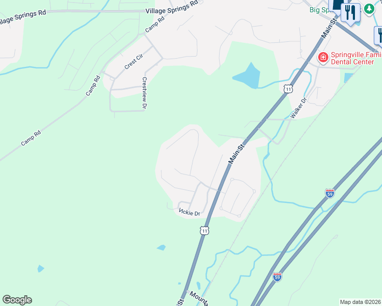 map of restaurants, bars, coffee shops, grocery stores, and more near 141 Pats Way in Springville