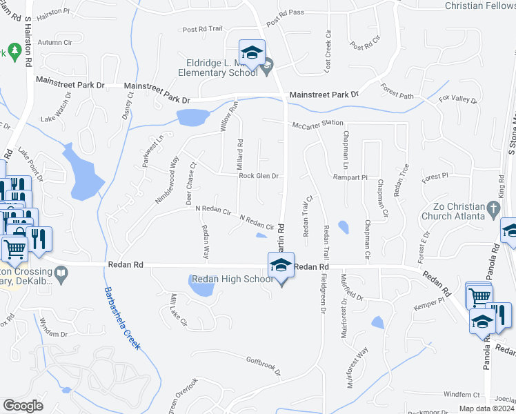 map of restaurants, bars, coffee shops, grocery stores, and more near 1060 South Millard Way in Stone Mountain