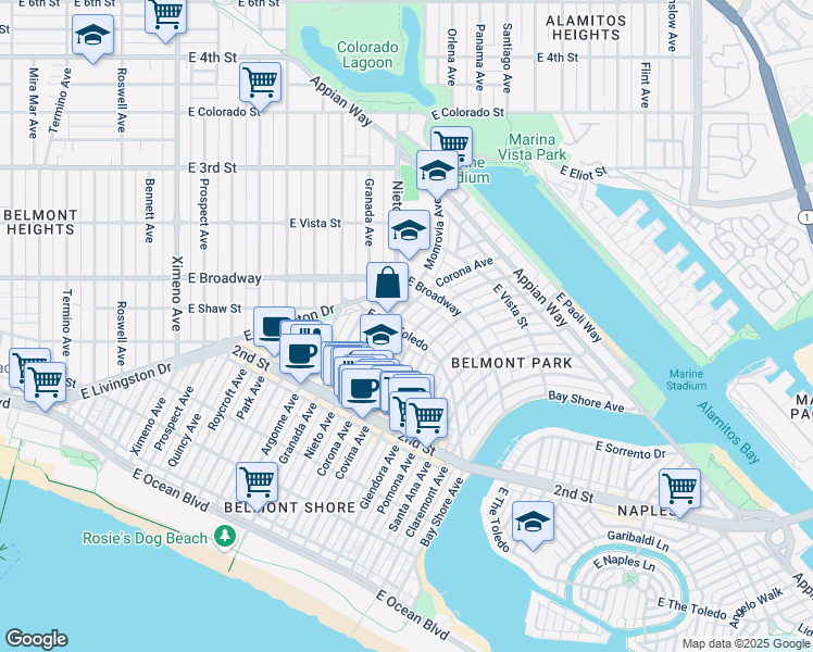 map of restaurants, bars, coffee shops, grocery stores, and more near 269 Corona Avenue in Long Beach