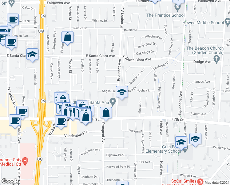 map of restaurants, bars, coffee shops, grocery stores, and more near 13772 Ridgecrest Circle in Tustin