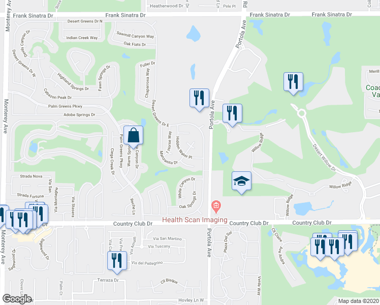 map of restaurants, bars, coffee shops, grocery stores, and more near 39705 Manzanita Dr in Palm Desert