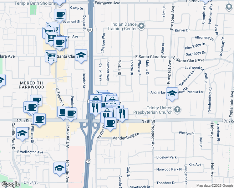 map of restaurants, bars, coffee shops, grocery stores, and more near 13762 Palace Way in Tustin