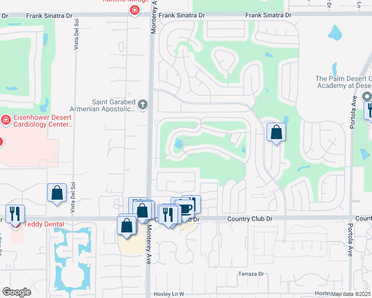 map of restaurants, bars, coffee shops, grocery stores, and more near 73450 Country Club Drive in Palm Desert
