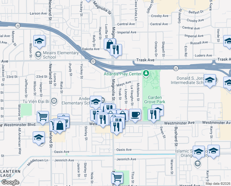 map of restaurants, bars, coffee shops, grocery stores, and more near 13712 Magnolia Street in Garden Grove