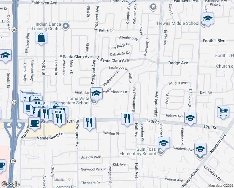 map of restaurants, bars, coffee shops, grocery stores, and more near 18112 Joshua Lane in Santa Ana