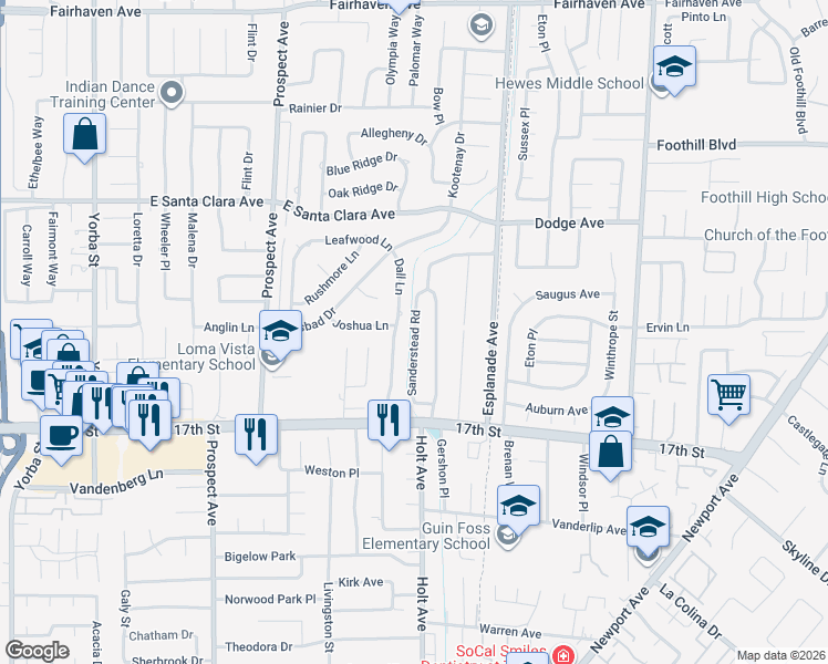 map of restaurants, bars, coffee shops, grocery stores, and more near 13752 Sanderstead Road in Santa Ana