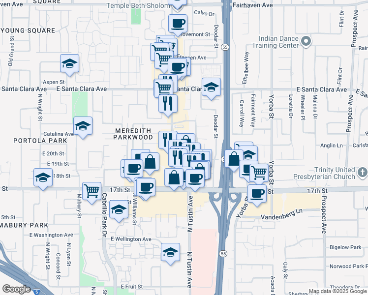 map of restaurants, bars, coffee shops, grocery stores, and more near 2002 North Ponderosa Street in Santa Ana