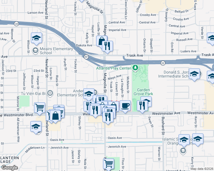 map of restaurants, bars, coffee shops, grocery stores, and more near 13712 Magnolia Street in Garden Grove