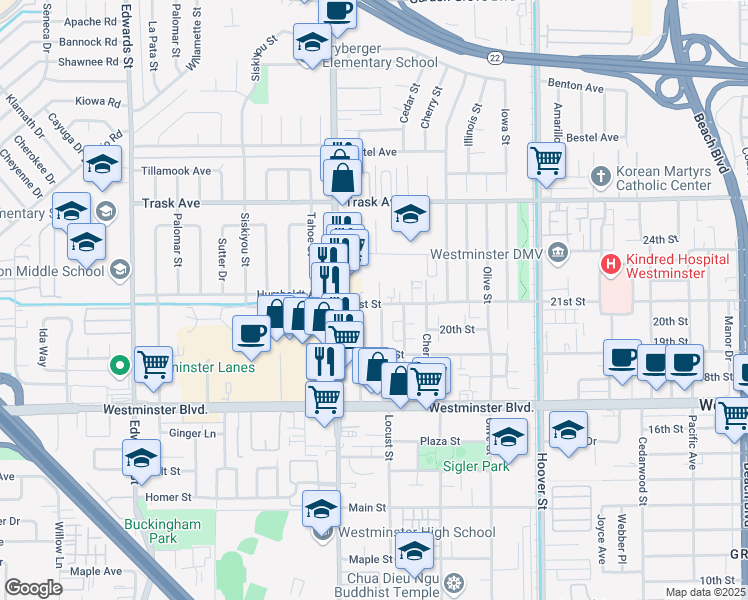 map of restaurants, bars, coffee shops, grocery stores, and more near 13694 Locust Circle in Westminster