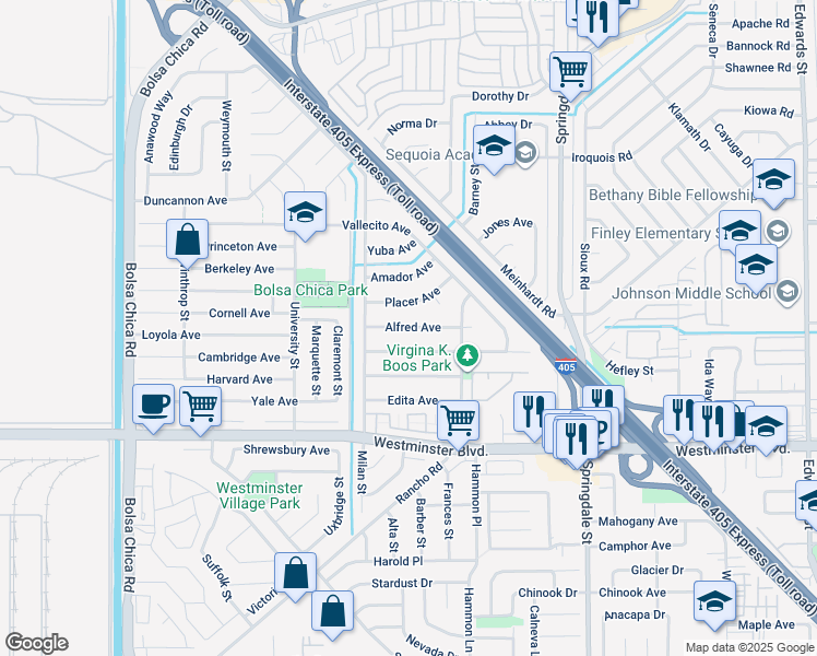 map of restaurants, bars, coffee shops, grocery stores, and more near 5602 Placer Avenue in Westminster