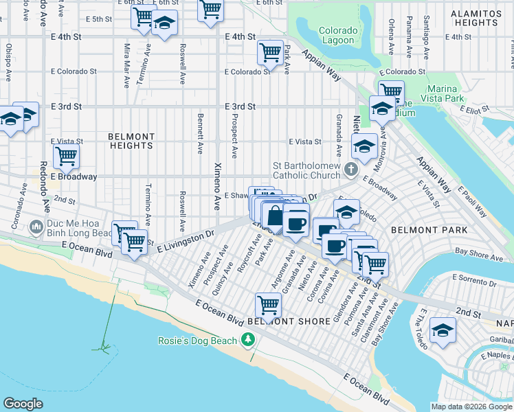 map of restaurants, bars, coffee shops, grocery stores, and more near 213 Roycroft Avenue in Long Beach