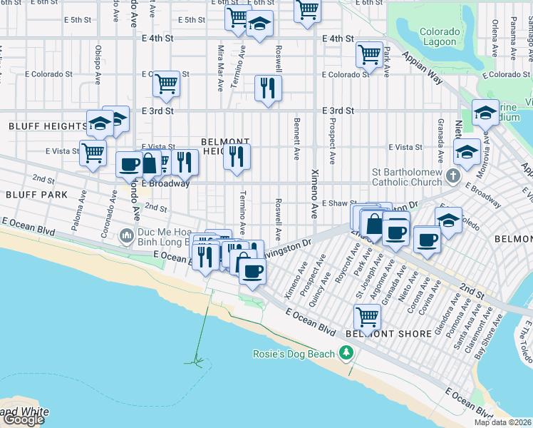 map of restaurants, bars, coffee shops, grocery stores, and more near 4107 East Shaw Street in Long Beach