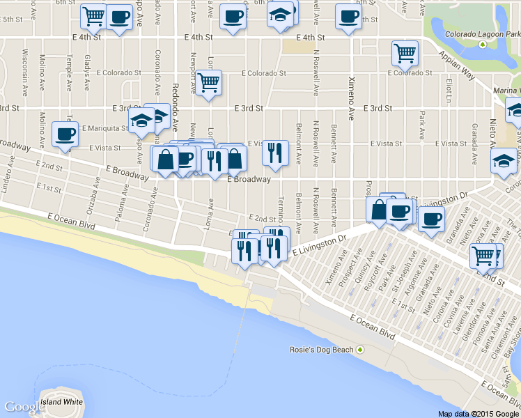 map of restaurants, bars, coffee shops, grocery stores, and more near 215 Mira Mar Avenue in Long Beach