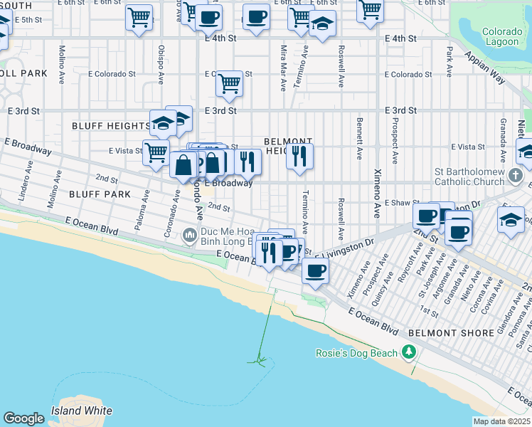 map of restaurants, bars, coffee shops, grocery stores, and more near 210 Euclid Avenue in Long Beach