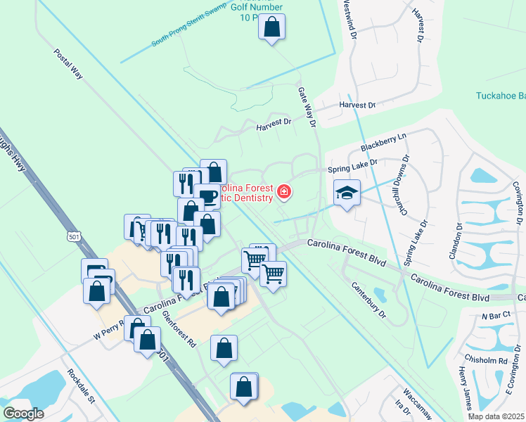 map of restaurants, bars, coffee shops, grocery stores, and more near 104 Ashley Park Drive in Myrtle Beach