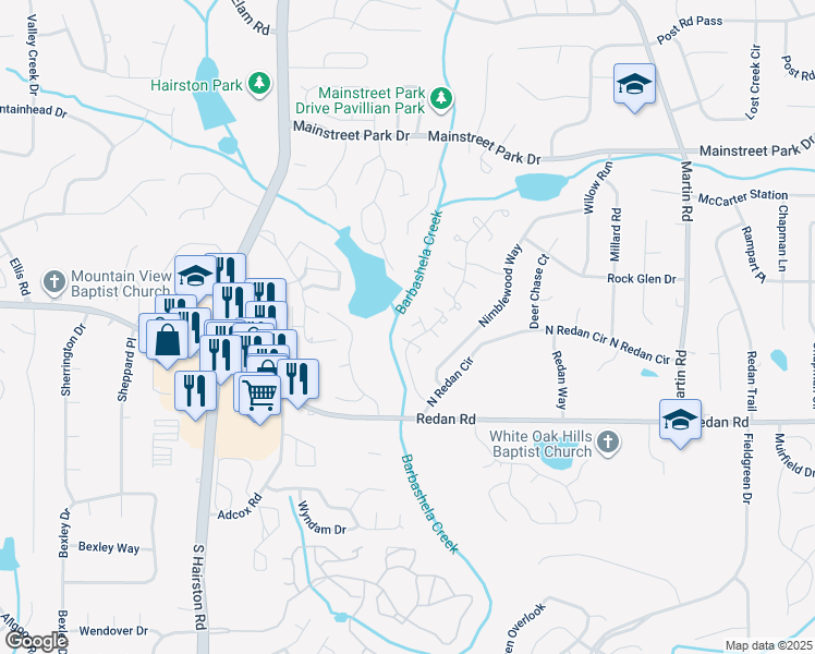 map of restaurants, bars, coffee shops, grocery stores, and more near 1112 Village Mainstreet in Stone Mountain