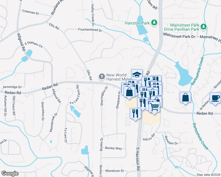 map of restaurants, bars, coffee shops, grocery stores, and more near 1078 Sherrington Drive in Stone Mountain