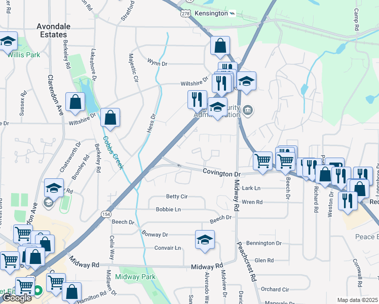 map of restaurants, bars, coffee shops, grocery stores, and more near 3626 Midway Road in Decatur