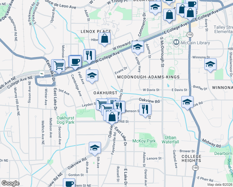 map of restaurants, bars, coffee shops, grocery stores, and more near 255 Jefferson Place in Decatur