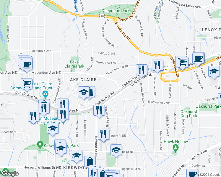 map of restaurants, bars, coffee shops, grocery stores, and more near 2007 Howard Circle Northeast in Atlanta