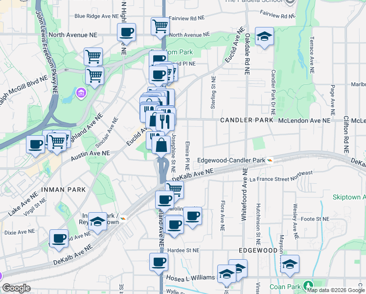 map of restaurants, bars, coffee shops, grocery stores, and more near 335 Josephine Street Northeast in Atlanta