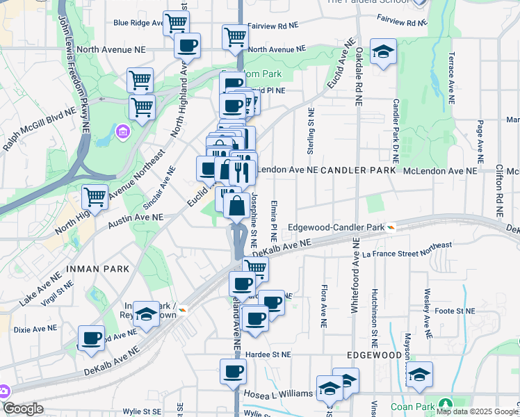 map of restaurants, bars, coffee shops, grocery stores, and more near 335 Josephine Street Northeast in Atlanta