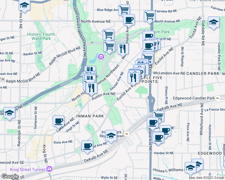 map of restaurants, bars, coffee shops, grocery stores, and more near 325 Sinclair Avenue Northeast in Atlanta