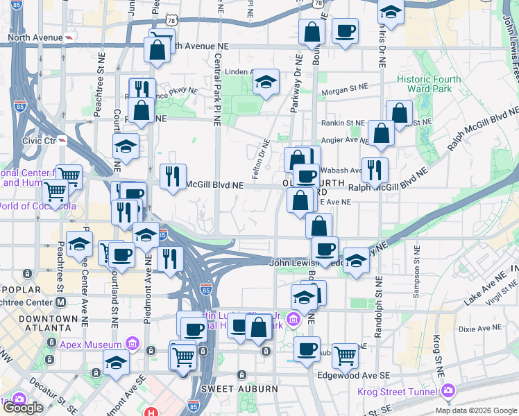 map of restaurants, bars, coffee shops, grocery stores, and more near 381c Ralph McGill Boulevard Northeast in Atlanta