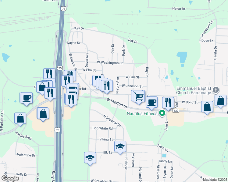 map of restaurants, bars, coffee shops, grocery stores, and more near 729 North York Avenue in Denison