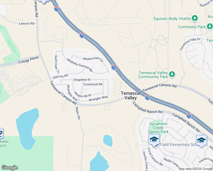 map of restaurants, bars, coffee shops, grocery stores, and more near 10624 Wrangler Way in Corona