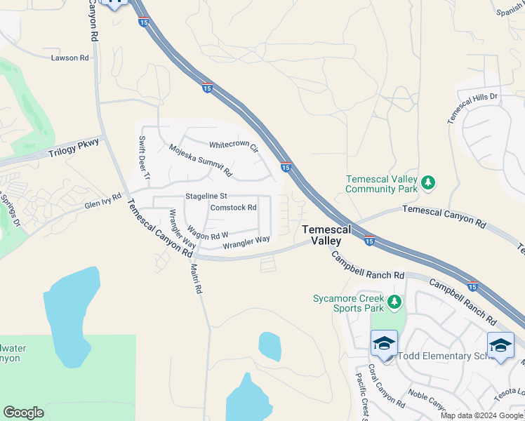 map of restaurants, bars, coffee shops, grocery stores, and more near 24570 Bandit Way in Corona