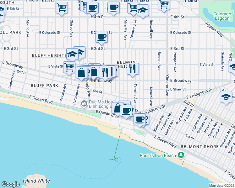 map of restaurants, bars, coffee shops, grocery stores, and more near 210 Euclid Avenue in Long Beach