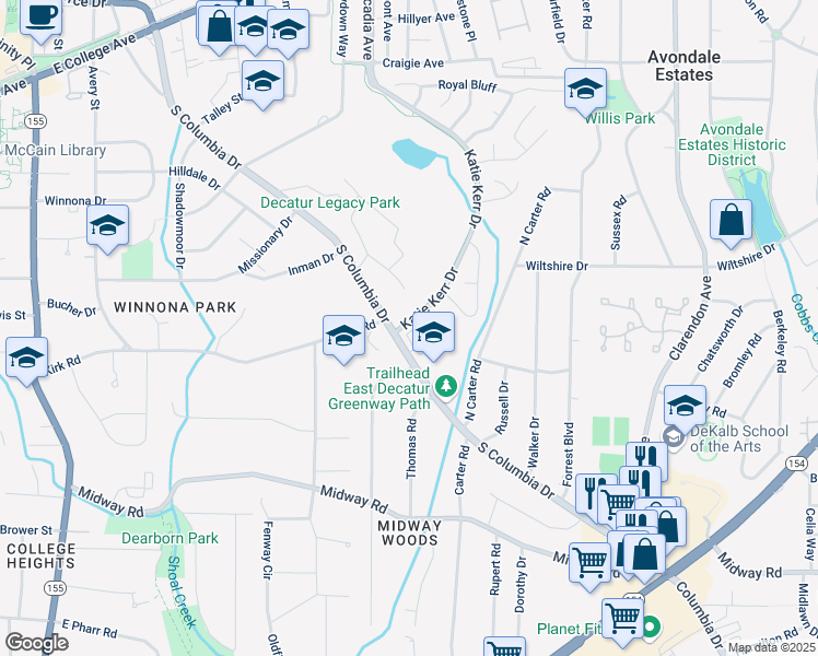 map of restaurants, bars, coffee shops, grocery stores, and more near 915 Katie Kerr Drive in Decatur