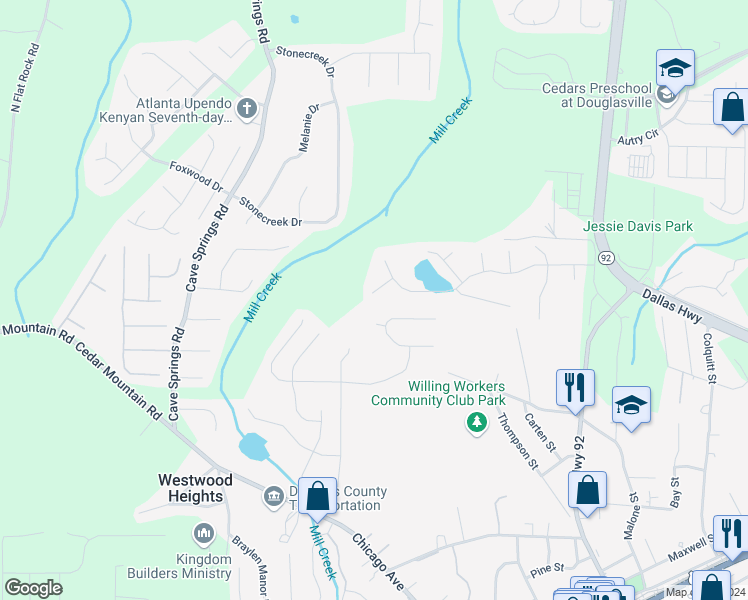 map of restaurants, bars, coffee shops, grocery stores, and more near 7957 Lake Wind Court in Douglasville