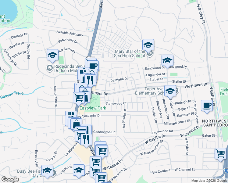 map of restaurants, bars, coffee shops, grocery stores, and more near 1637 Westmont Drive in Los Angeles