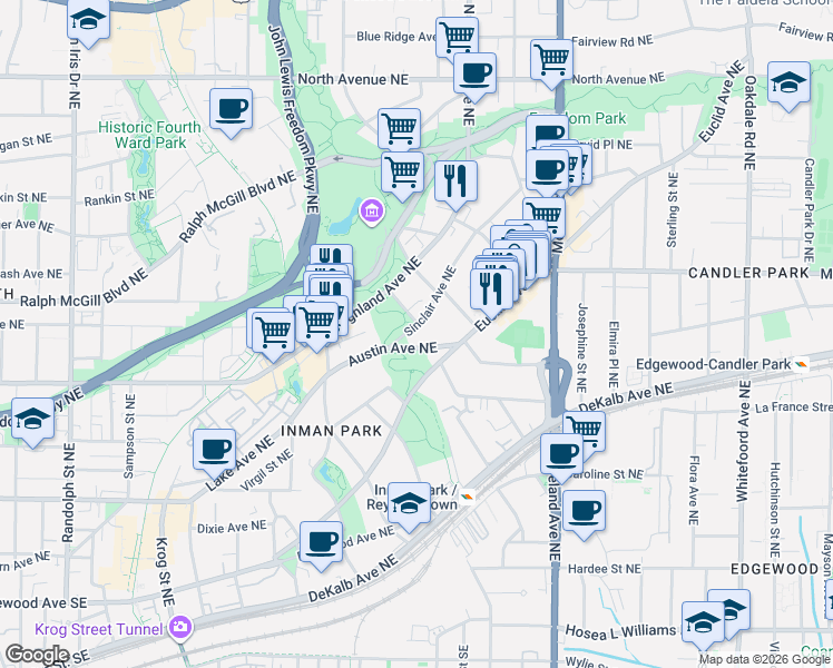 map of restaurants, bars, coffee shops, grocery stores, and more near 325 Sinclair Avenue Northeast in Atlanta