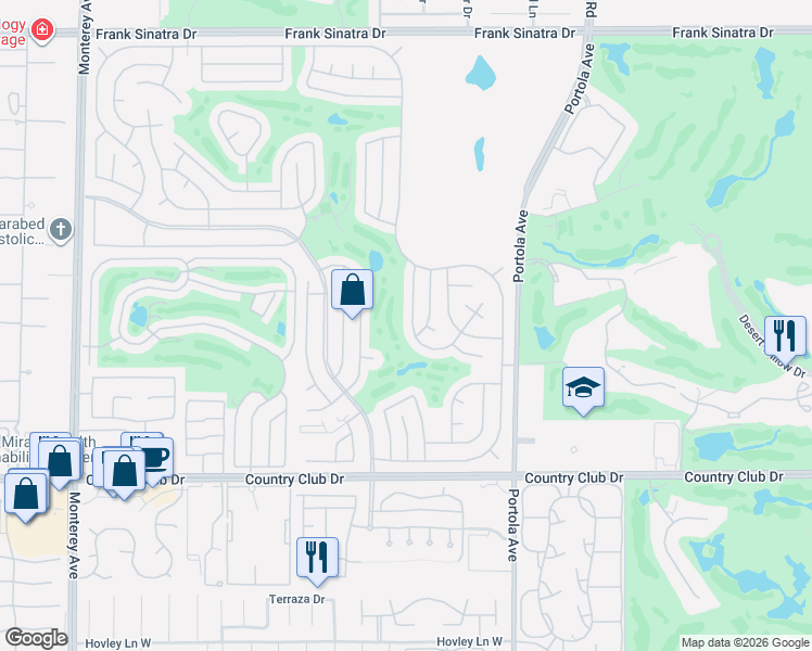 map of restaurants, bars, coffee shops, grocery stores, and more near 39246 Manzanita Drive in Palm Desert