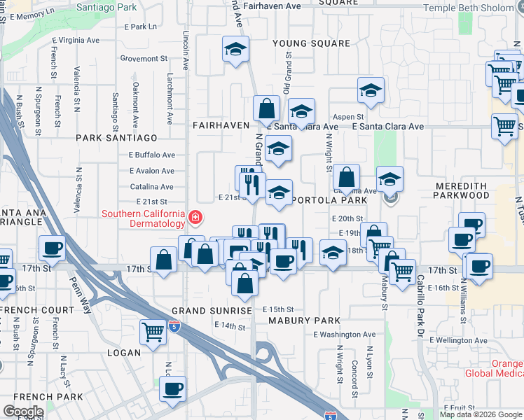 map of restaurants, bars, coffee shops, grocery stores, and more near 109 East 21st Street in Santa Ana