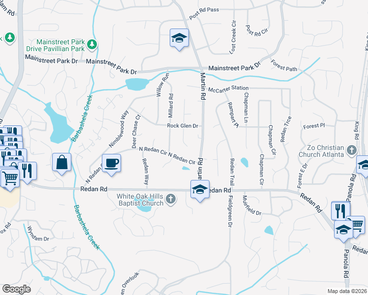 map of restaurants, bars, coffee shops, grocery stores, and more near 1048 South Millard Way in Stone Mountain
