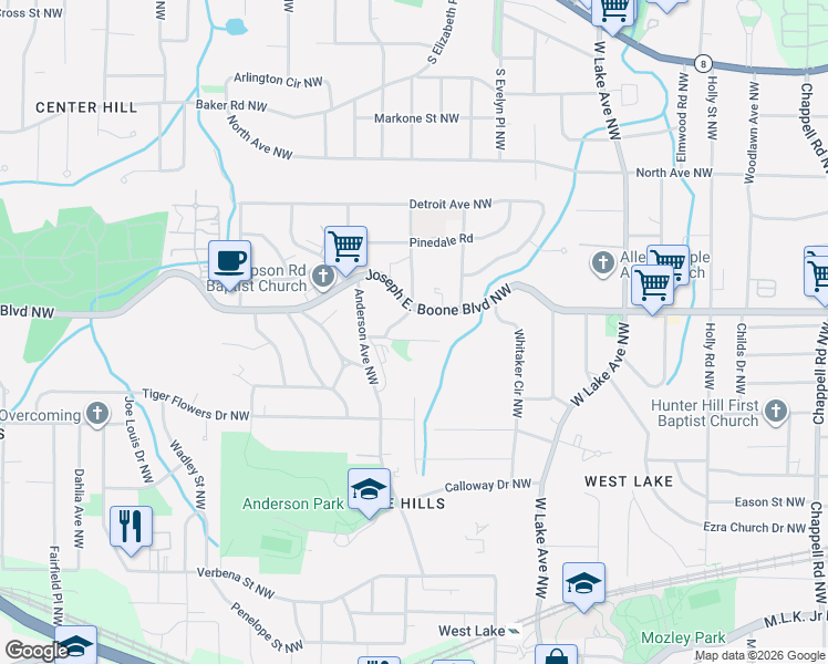 map of restaurants, bars, coffee shops, grocery stores, and more near 1876a Simpson Road Northwest in Atlanta