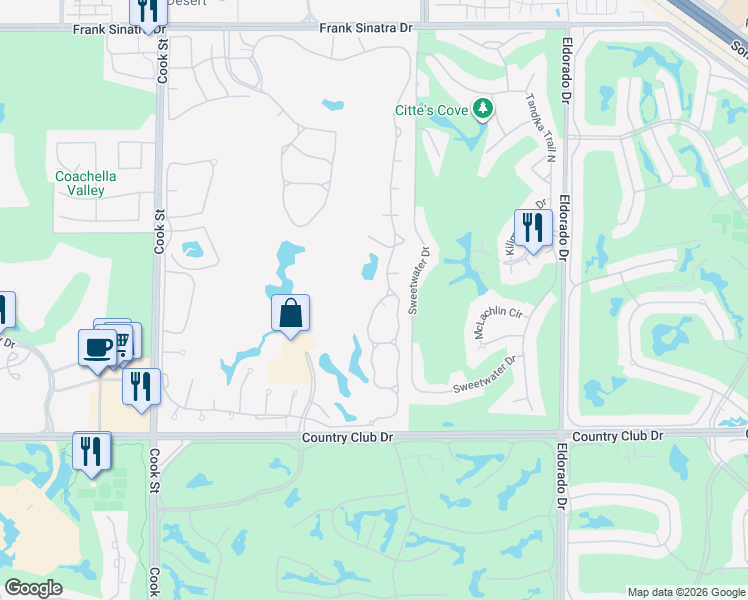 map of restaurants, bars, coffee shops, grocery stores, and more near 205 Desert Falls Circle in Palm Desert