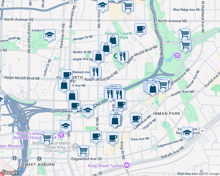 map of restaurants, bars, coffee shops, grocery stores, and more near 647 East Avenue Northeast in Atlanta
