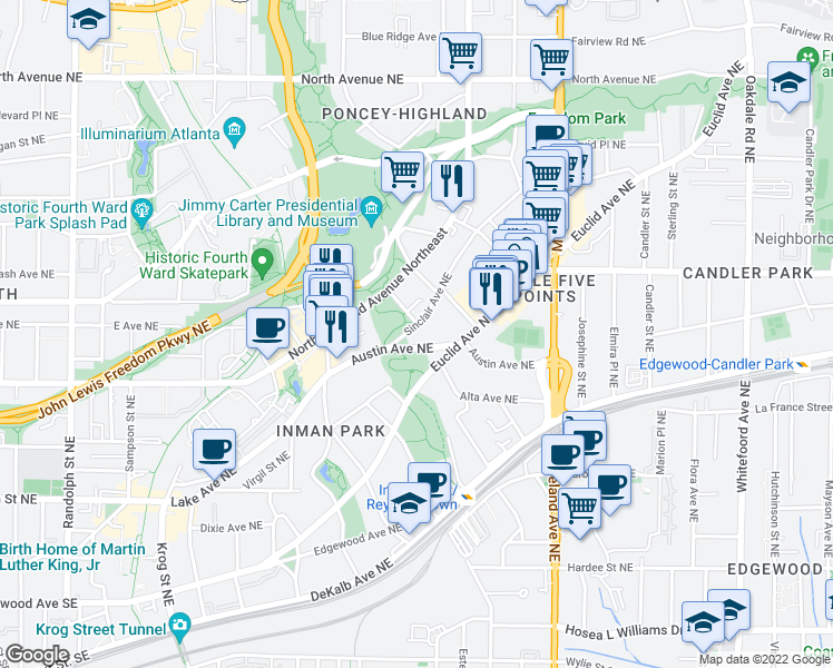 map of restaurants, bars, coffee shops, grocery stores, and more near 325 Sinclair Avenue Northeast in Atlanta