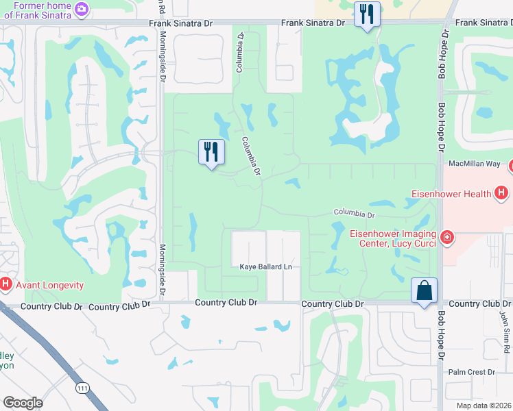 map of restaurants, bars, coffee shops, grocery stores, and more near 26 Stanford Drive in Rancho Mirage