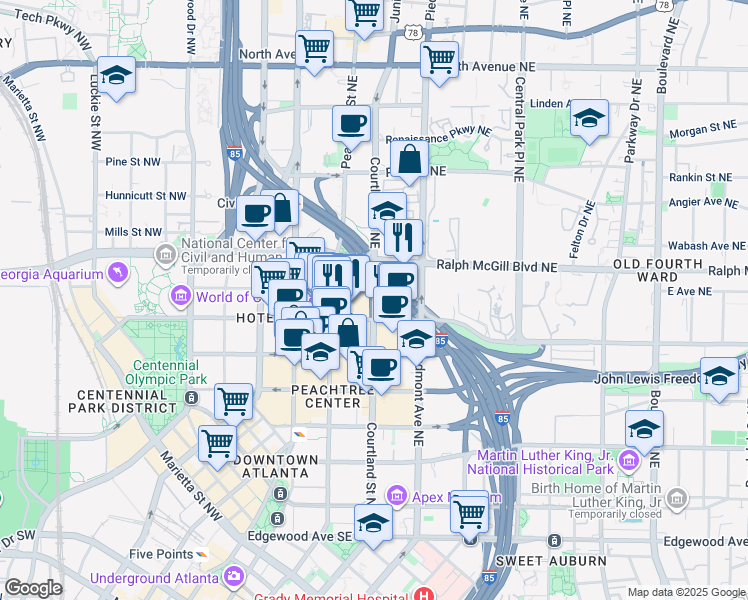 map of restaurants, bars, coffee shops, grocery stores, and more near Courtland Street Northeast in Atlanta