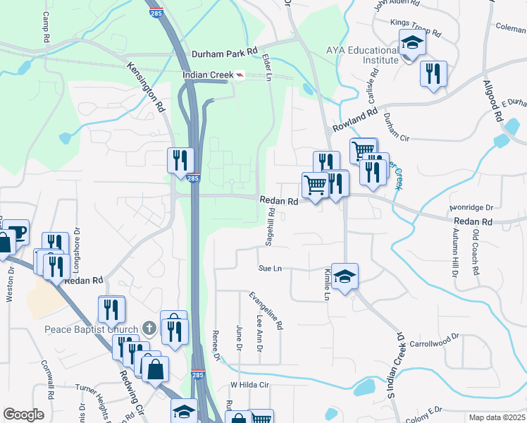 map of restaurants, bars, coffee shops, grocery stores, and more near 3987 Redan Road in Stone Mountain