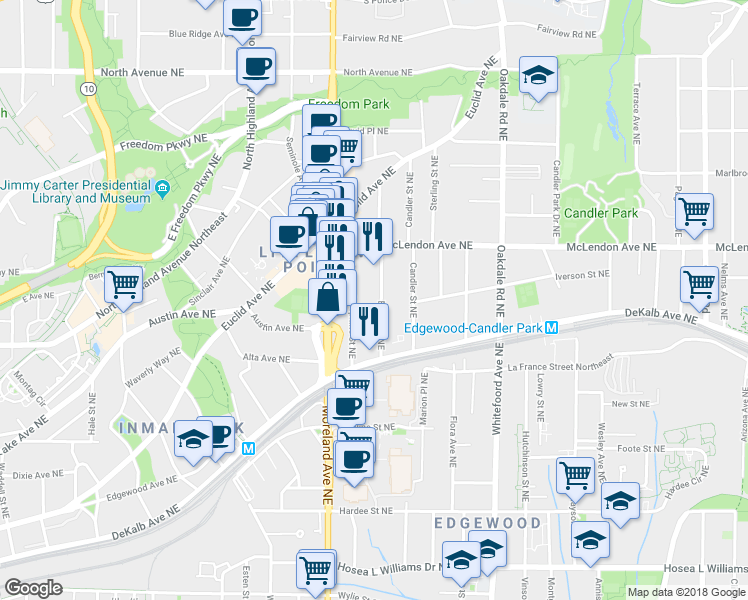 map of restaurants, bars, coffee shops, grocery stores, and more near 314 Elmira Place Northeast in Atlanta