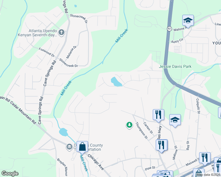 map of restaurants, bars, coffee shops, grocery stores, and more near 6847 John Clark Drive in Douglasville