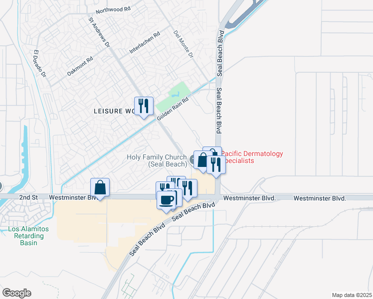 map of restaurants, bars, coffee shops, grocery stores, and more near 13811 Thunderbird Drive in Seal Beach