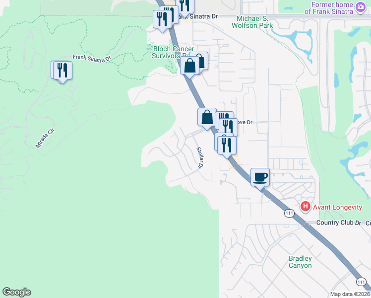 map of restaurants, bars, coffee shops, grocery stores, and more near 28 Alta Vista in Rancho Mirage